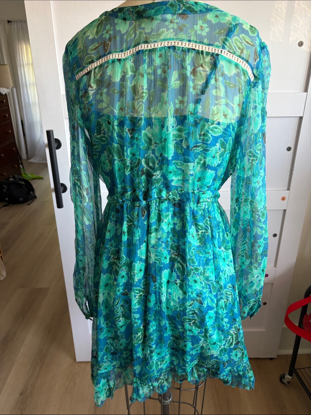 Johnny Was Teal & Aqua Floral Long-Sleeve Tie-Waist Dress - Picture 2 of 3